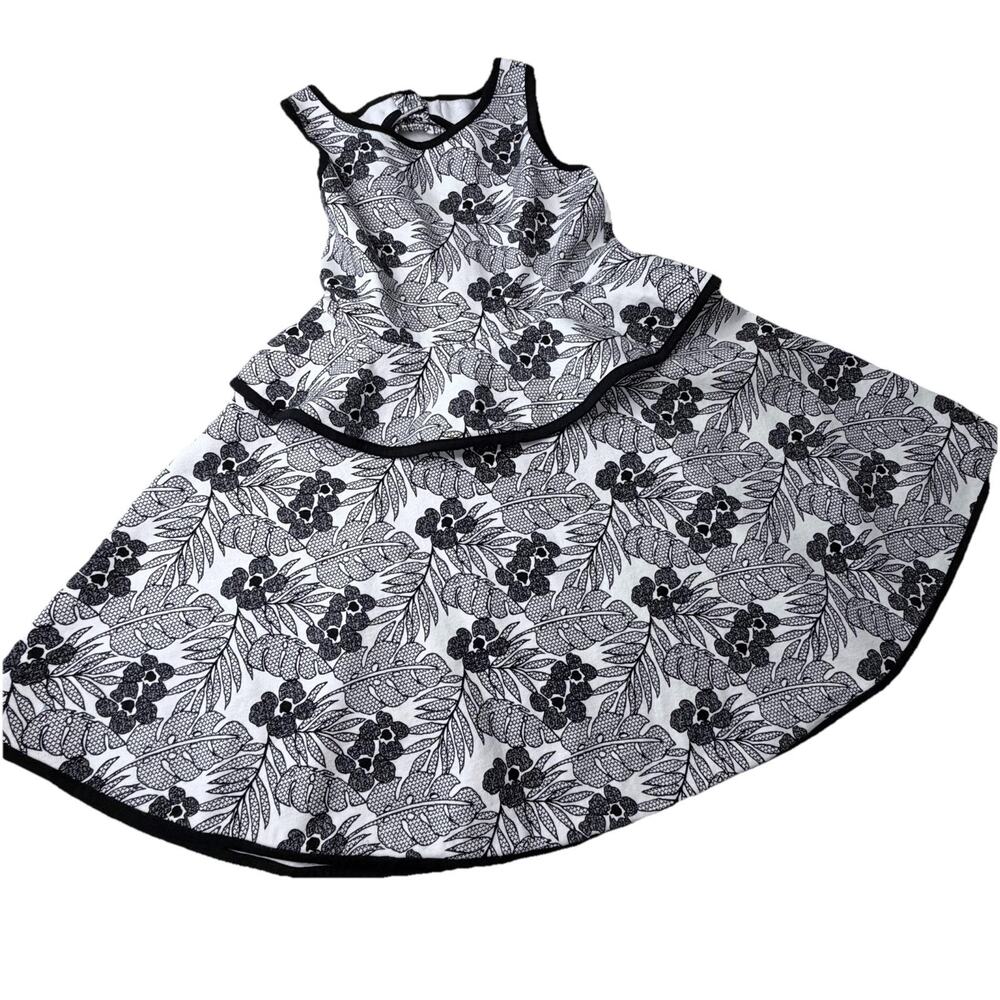 Euc JANIE & JACK Black White Tropical Floral Sleeveless Party Dress Size 8 Vaca